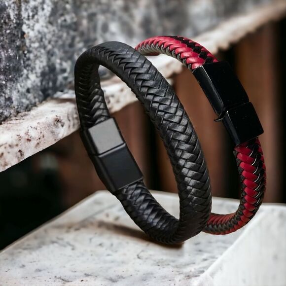 Men’s Braided Leather Bracelet l Magnetic Closure l Red/Black & Black l New - Picture 3 of 6